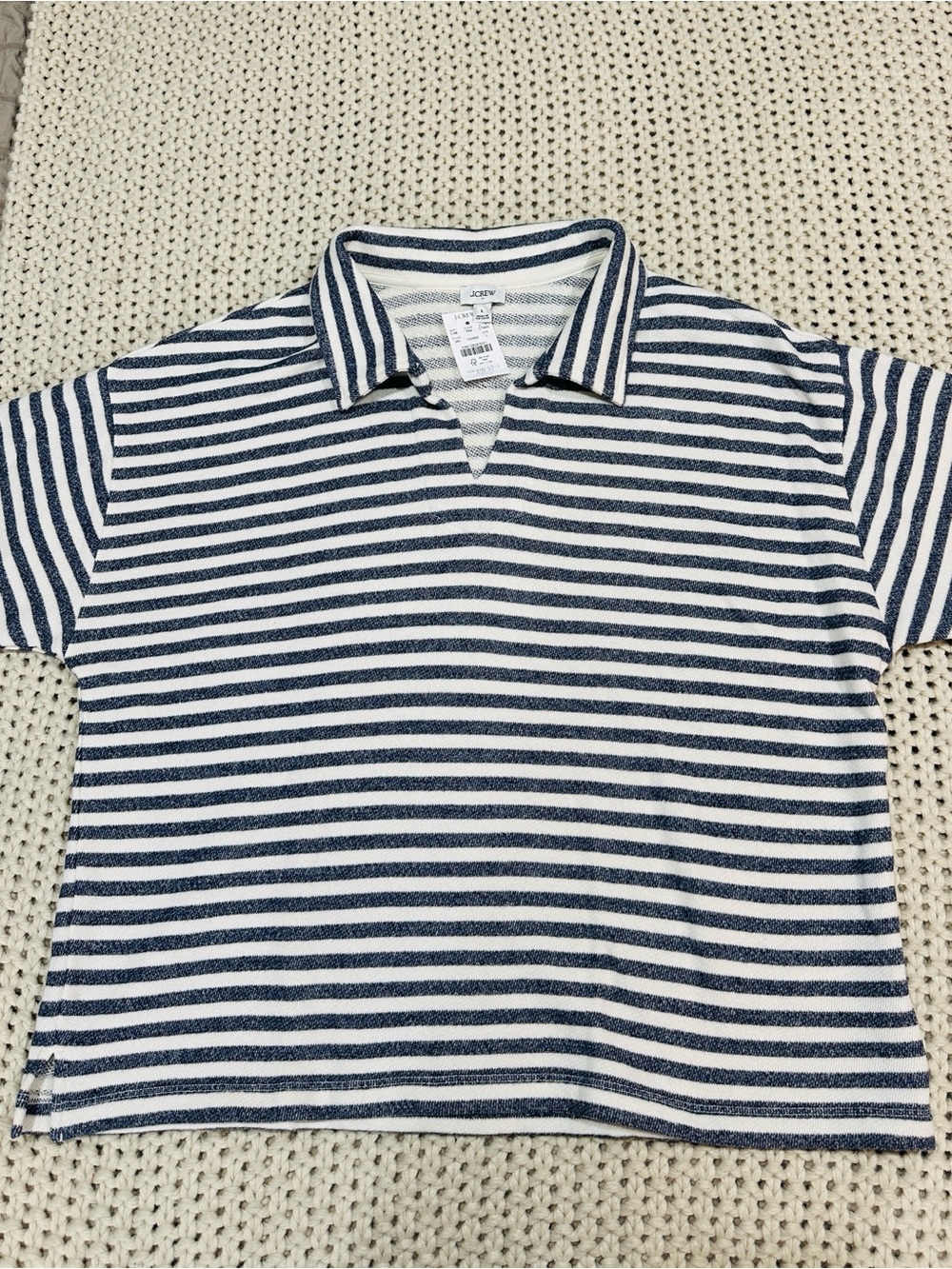 NWT J. Crew Navy and White Striped Terry Polo Tee for Women, Size L